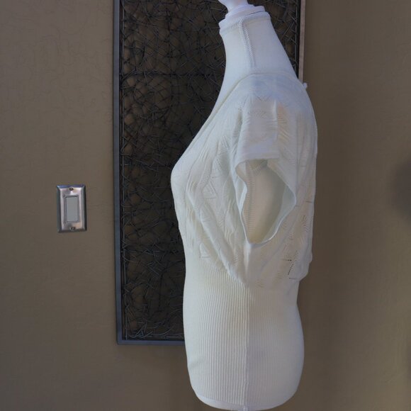 White House Black Market, White Knit Dolman Top with Banded Waist. - Picture 3 of 5